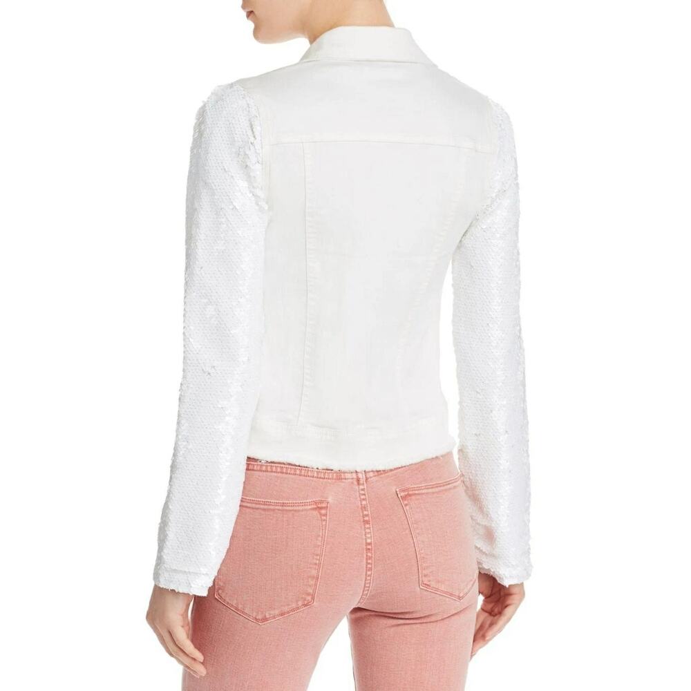 GENERATION LOVE Rosie sequined sleeve white raw hem denim jeans jacket Sz XS NEW - Picture 5 of 9